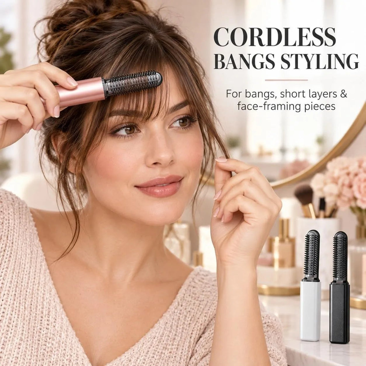 Mini Cordless Hair Straightener Brush, USB Rechargeable Compact Ceramic Heated Bang Comb for Short Hair, Roots and Travel Touch-Ups