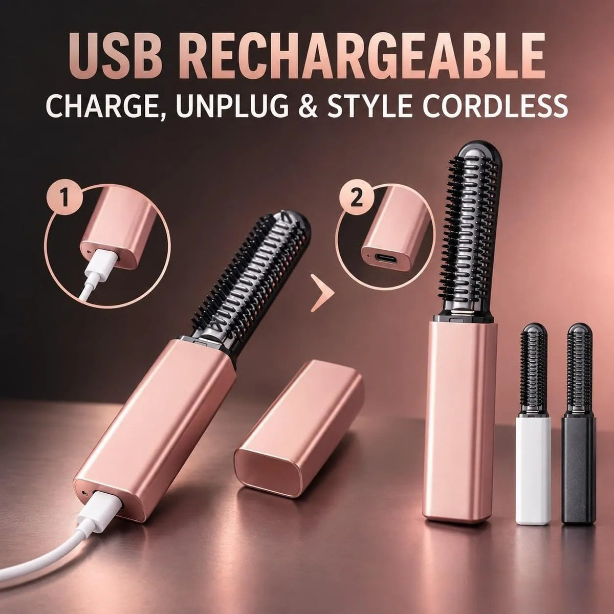 Mini Cordless Hair Straightener Brush, USB Rechargeable Compact Ceramic Heated Bang Comb for Short Hair, Roots and Travel Touch-Ups