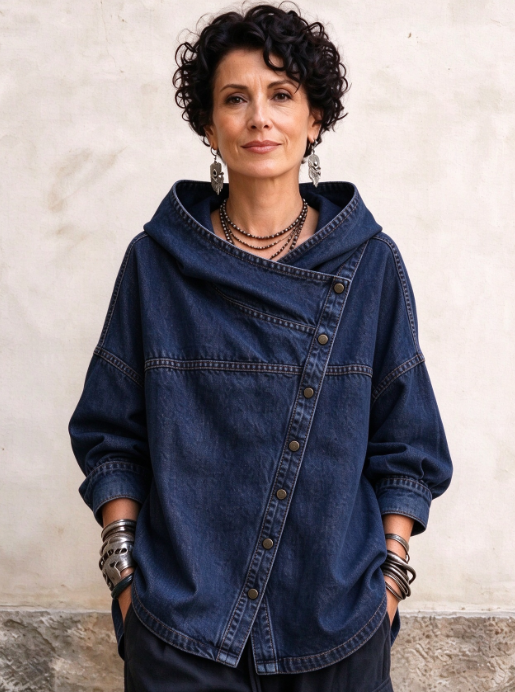 🤲LAST DAY SAVE 49% ⏰Women's Chic Denim Hooded Jacket - Relaxed Asymmetric Button Front Top
